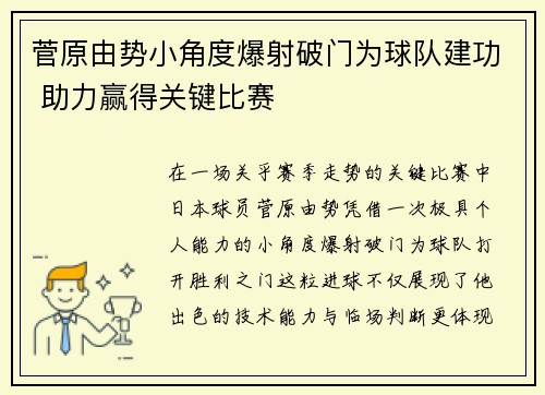 菅原由势小角度爆射破门为球队建功 助力赢得关键比赛